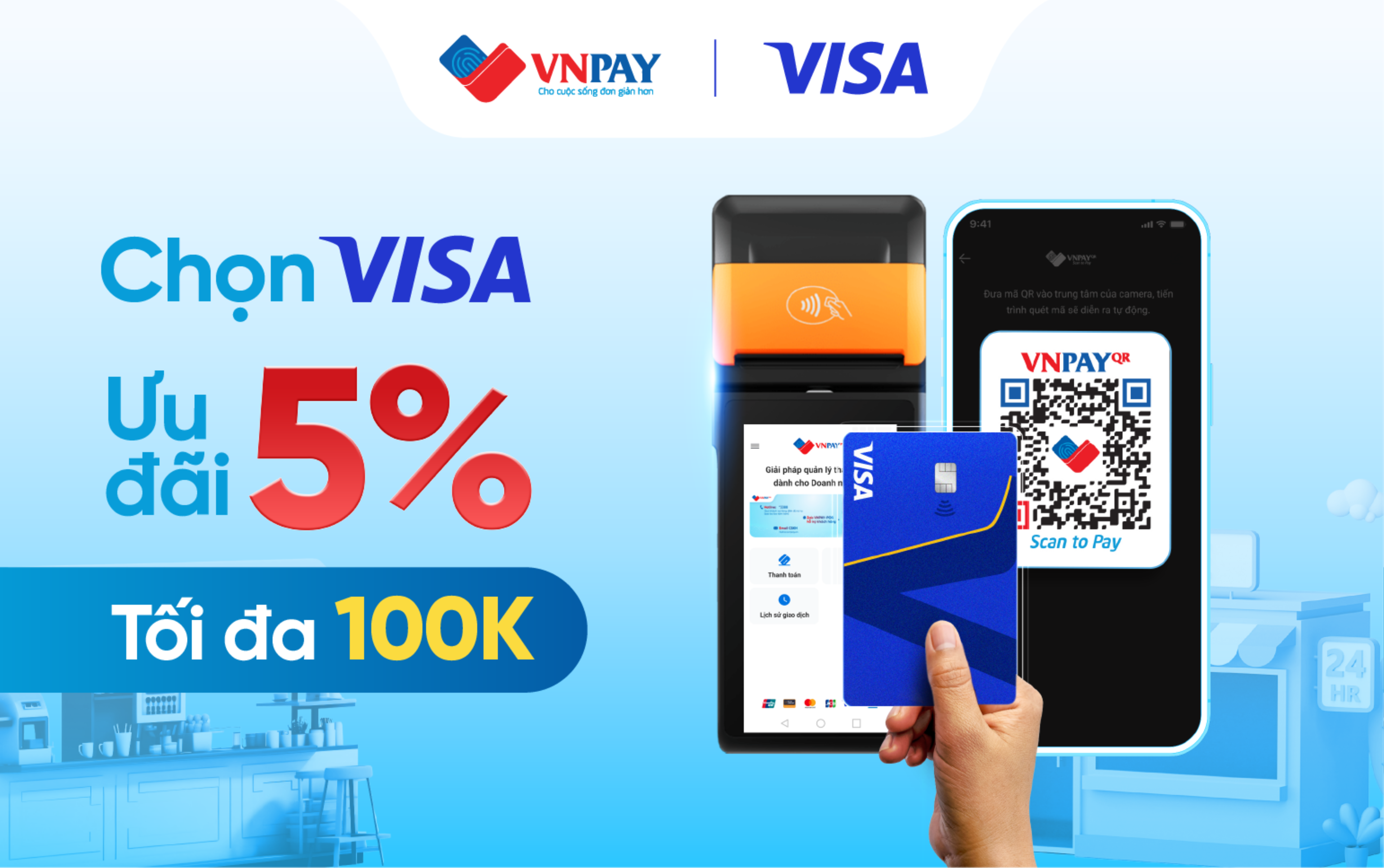 Từ 04/07 đến 30/11/2025, khách hàng khi sử dụng thẻ Visa để thanh toán VNPAY-QR trên ứng dụng VNPAY, hoặc qua máy VNPAY SmartPOS sẽ nhận được ưu đãi hoàn tiền, giảm giá, và có cơ hội trúng iPhone 16 Pro Max cùng nhiều phiếu mua hàng VNPAY-QR trị giá cao.