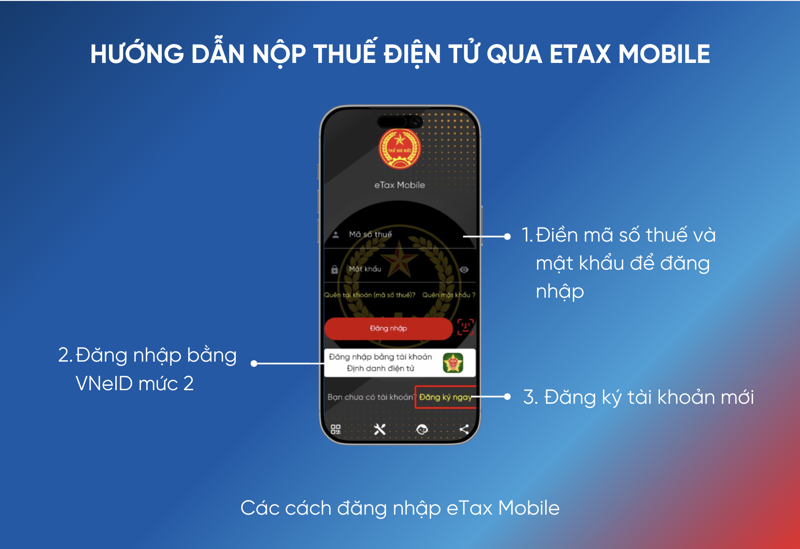 Người nộp thuế tải v&agrave; đăng nhập ứng dụng eTax Mobile để thực hiện nộp thuế điện tử