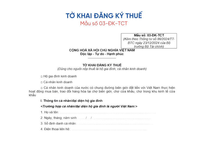 Luồng 2 yêu cầu hộ kinh doanh nộp tờ khai đăng ký thuế mẫu 03-ĐK-TCT kèm giấy phép kinh doanh và giấy tờ cá nhân tại Chi cục Thuế