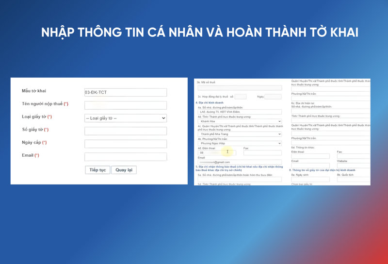 Nhập thông tin cá nhân của người nộp thuế và hoàn thành tờ khai đăng ký mã số thuế